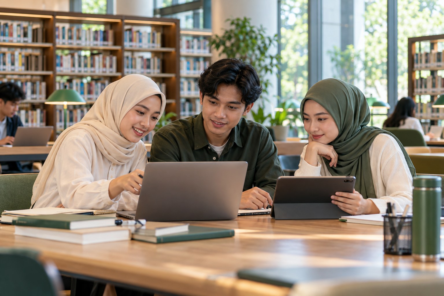 Ilustrasi mahasiswa belajar bersama menggunakan laptop dan tablet